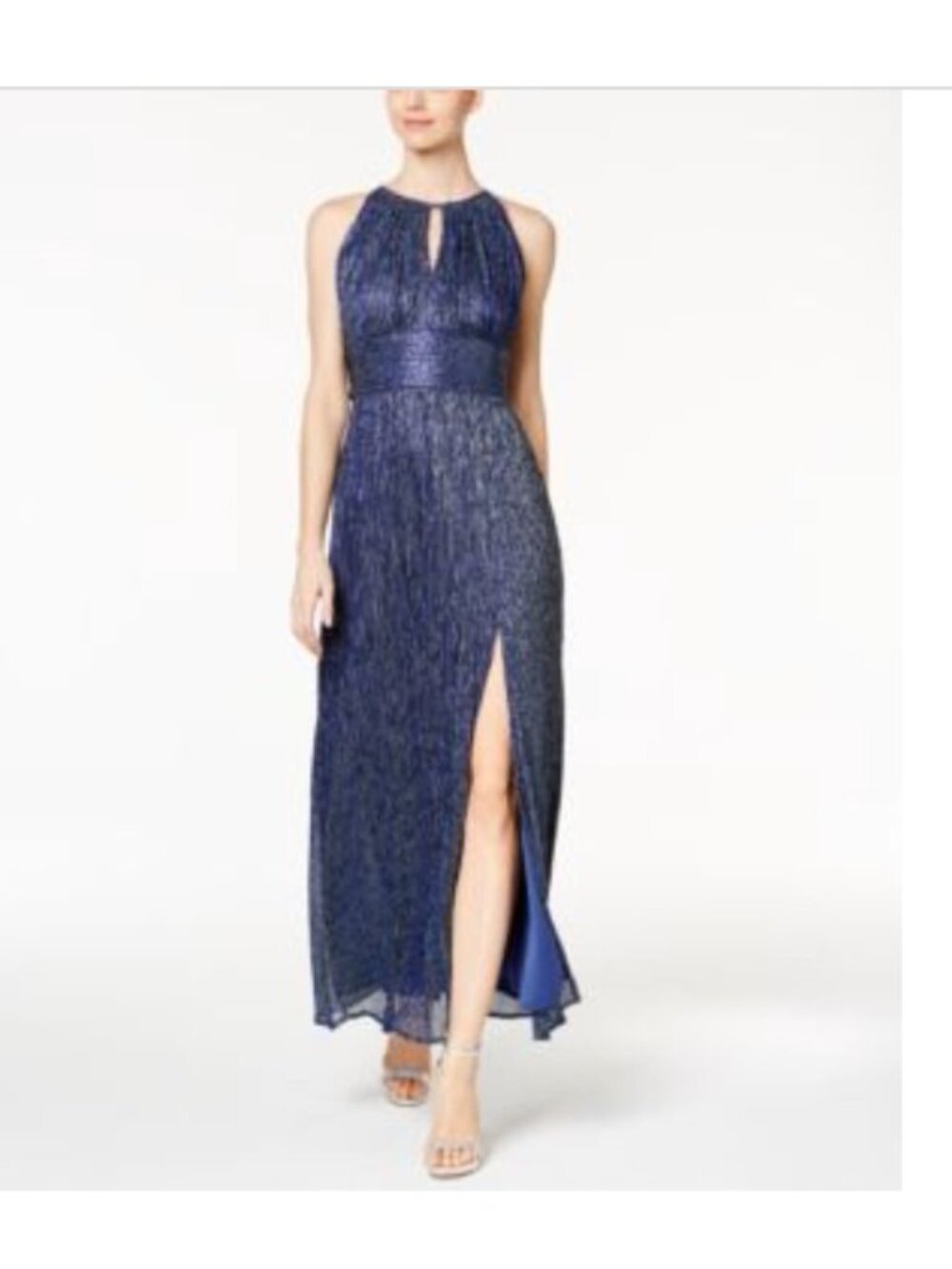 R&M Richards Womens Maxi Gown Dress Size 14 Blue Metallic Pleated Halterneck NWT